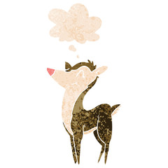 cartoon deer and thought bubble in retro textured style