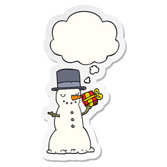 cartoon christmas snowman and thought bubble as a printed sticker