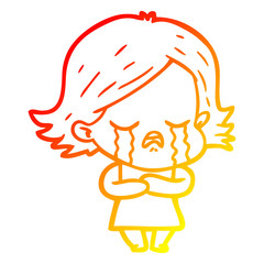 warm gradient line drawing cartoon girl crying