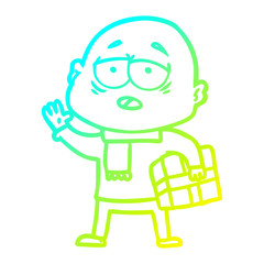 cold gradient line drawing cartoon tired bald man