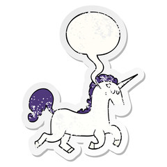 cartoon unicorn and speech bubble distressed sticker