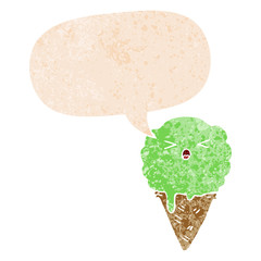cartoon ice cream and speech bubble in retro textured style