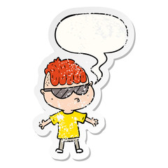 cartoon boy wearing sunglasses and speech bubble distressed sticker