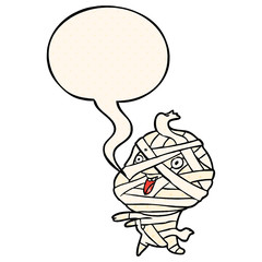 cute cartoon halloween mummy and speech bubble in comic book style