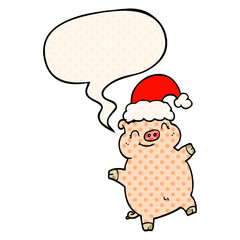 cartoon happy christmas pig and speech bubble in comic book style