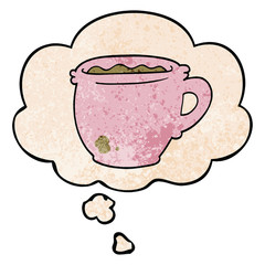 cartoon hot cup of coffee and thought bubble in grunge texture pattern style