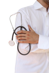 doctor holds in his hand a stethoscope on white isolated background, close-up, concept, isolate