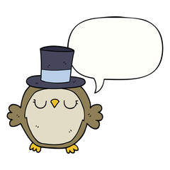 cartoon owl wearing top hat and speech bubble