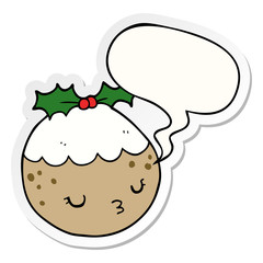 cute cartoon christmas pudding and speech bubble sticker