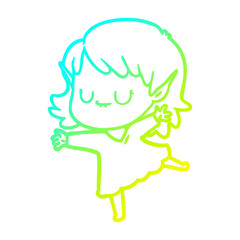 cold gradient line drawing happy cartoon elf girl wearing dress