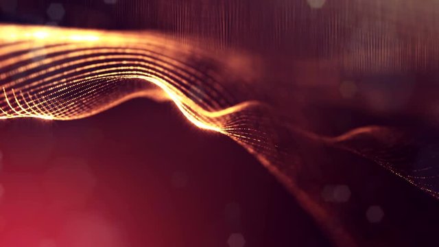 complex golden composition with luminous particles that form wavy structures in the air. 4k 3d looped smooth animation with glow paricles. sci-fi microworld or space background. 31