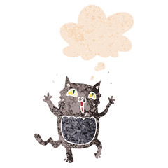 cartoon crazy excited cat and thought bubble in retro textured style