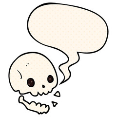 cartoon spooky skull and speech bubble in comic book style