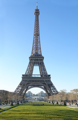 PARIS-FRANCE-FEB 25, 2019: The Eiffel Tower is a wrought-iron lattice tower on the Champ de Mars in Paris, France. It is named after the engineer Gustave Eiffel.