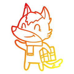 warm gradient line drawing friendly cartoon wolf with present