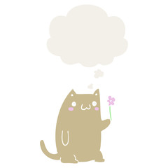 cute cartoon cat with flower and thought bubble in retro style