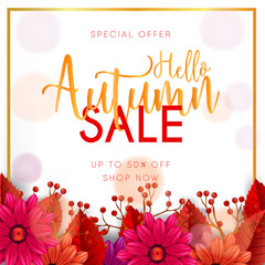 Autumn sale banner set with leaves, flowers, and frame gold