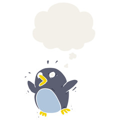 cartoon frightened penguin and thought bubble in retro style