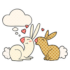 cartoon rabbits in love and thought bubble in comic book style