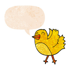 cartoon bird and speech bubble in retro textured style