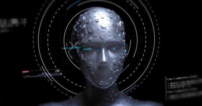 Advanced AI Robot Working With Futuristic Hud Data - Technology Related 3D 4K Animation Concept