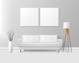 Vector 3d Realistic Render White Sofa, Couch with Pillows in Simple Style in Modern Room - Apartment, Salon, Art Gallery, Living Room, Reception, Lounge or Office Interior. White Posters On the Wall