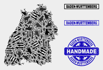 Vector handmade combination of Baden-Wurttemberg Land map and rubber watermarks. Mosaic Baden-Wurttemberg Land map is designed of random hands. Blue stamp imprints with unclean rubber texture.