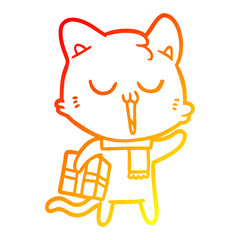 warm gradient line drawing cartoon cat with gift