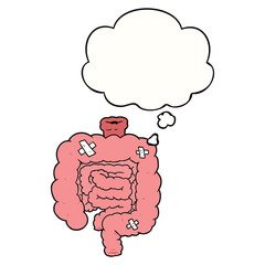 cartoon repaired intestines and thought bubble