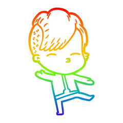 rainbow gradient line drawing cartoon girl wearing futuristic clothes