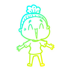 cold gradient line drawing cartoon happy old lady