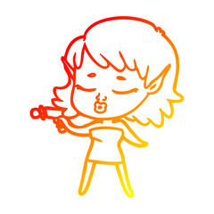 warm gradient line drawing pretty cartoon alien girl with ray gun