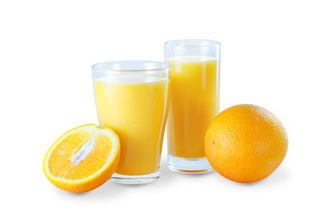 Two glasses with fresh orange juice with fruits, isolated on white background.
