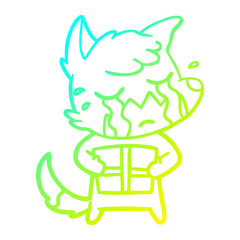 cold gradient line drawing crying fox cartoon with parcel
