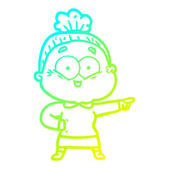 cold gradient line drawing cartoon happy old woman
