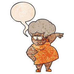 cartoon angry old woman and speech bubble in retro texture style