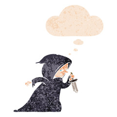 cartoon assassin and thought bubble in retro textured style