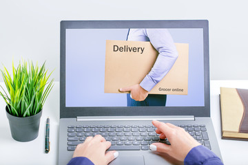 Woman Order Delivery Service or Online Shopping Computer Screen App.