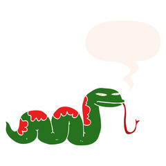 cartoon slithering snake and speech bubble in retro style