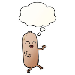 cartoon dancing sausage and thought bubble in smooth gradient style