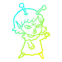 cold gradient line drawing pretty cartoon alien girl