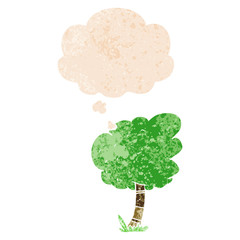 cartoon tree and thought bubble in retro textured style
