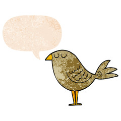 cartoon bird and speech bubble in retro textured style