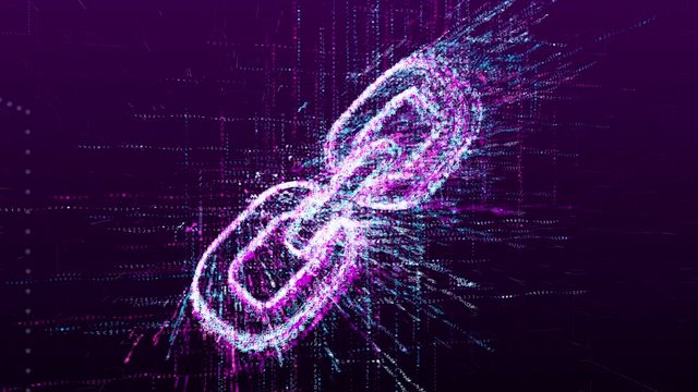 An animation of the sign of the strength of the chain. Consists of a stream of numbers and symbols in digital space. Abstract idea concept.