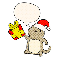 cute cartoon christmas cat and speech bubble in comic book style