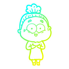 cold gradient line drawing cartoon happy old woman
