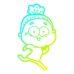 cold gradient line drawing cartoon happy old woman