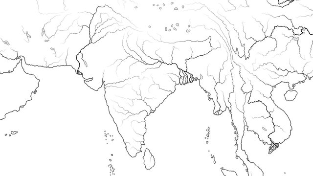 World Map of SOUTH ASIA REGION and INDIA SUBCONTINENT: Pakistan, India, Himalayas, Tibet, Bengal, Ceylon, Indian Ocean And Hindustan Subcontinent. Geographic chart with oceanic coastline and rivers.