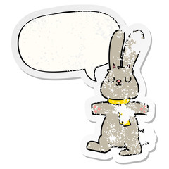 cartoon rabbit and speech bubble distressed sticker
