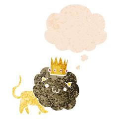 cartoon lion with crown and thought bubble in retro textured style